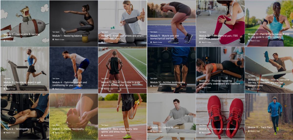 A grid of Running Repairs Online course modules